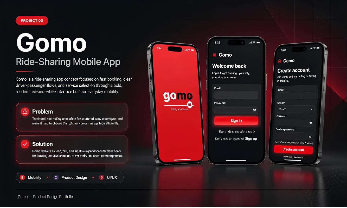 Gomo app — ride-sharing and ride booking mobile app case study