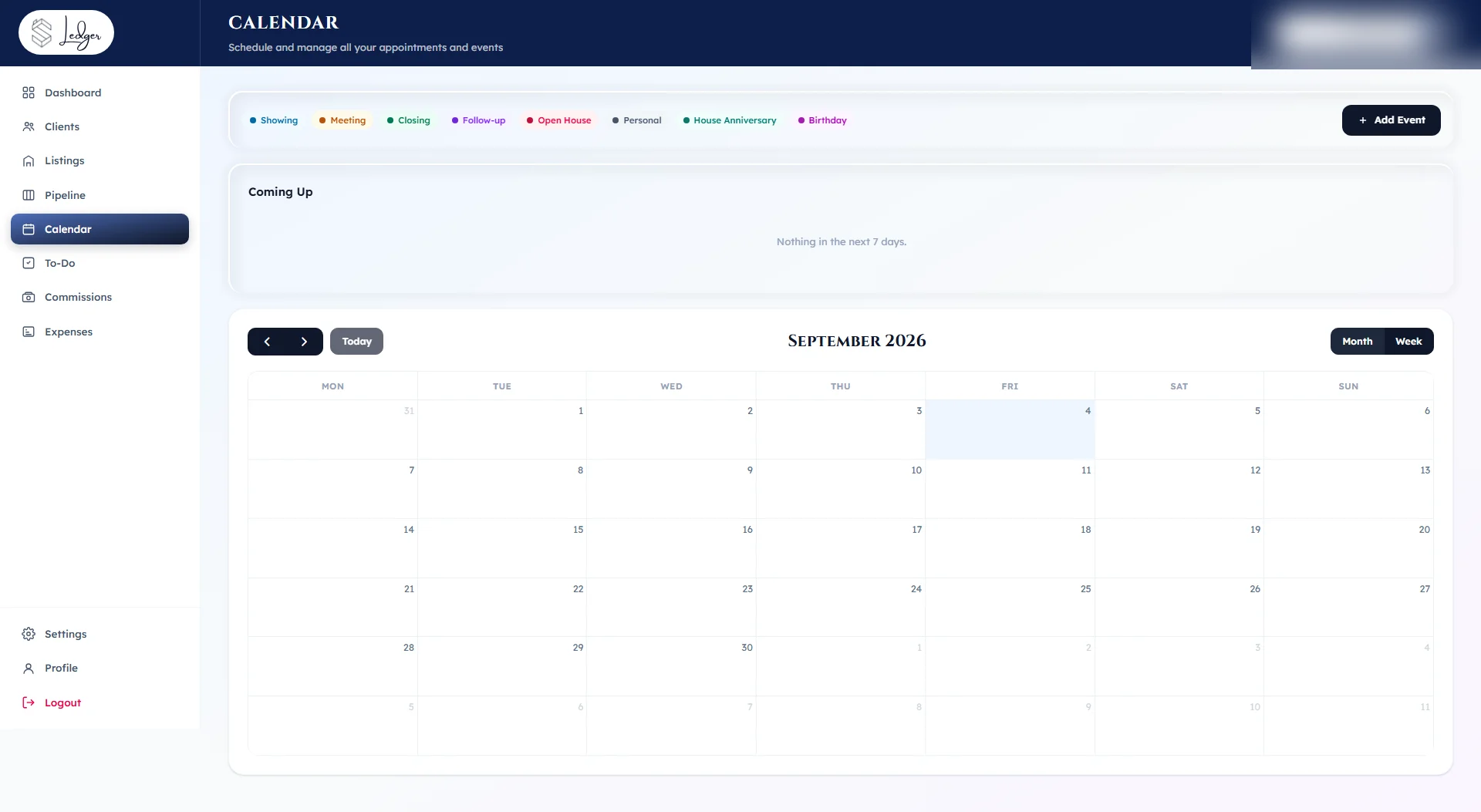 Atelier CRM — calendar with real-estate-specific event types