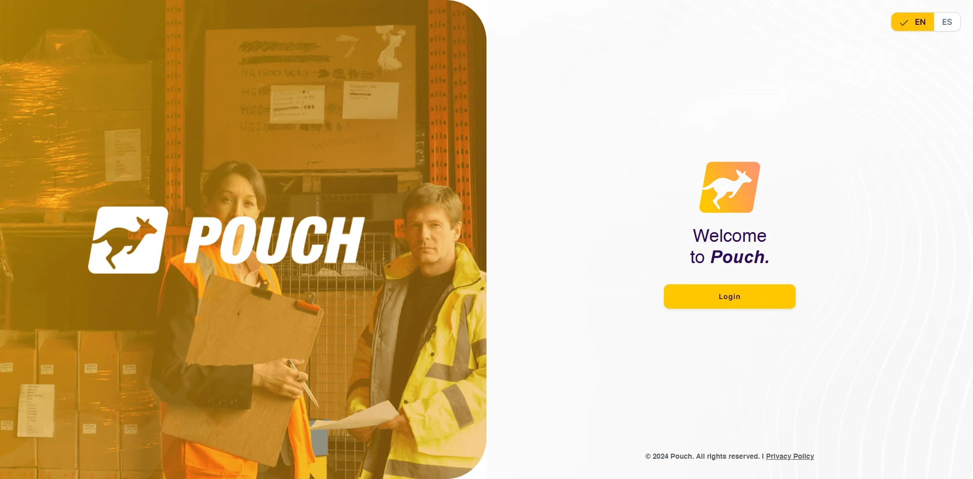 Pouch — bilingual login screen for the multi-tenant package forwarding platform