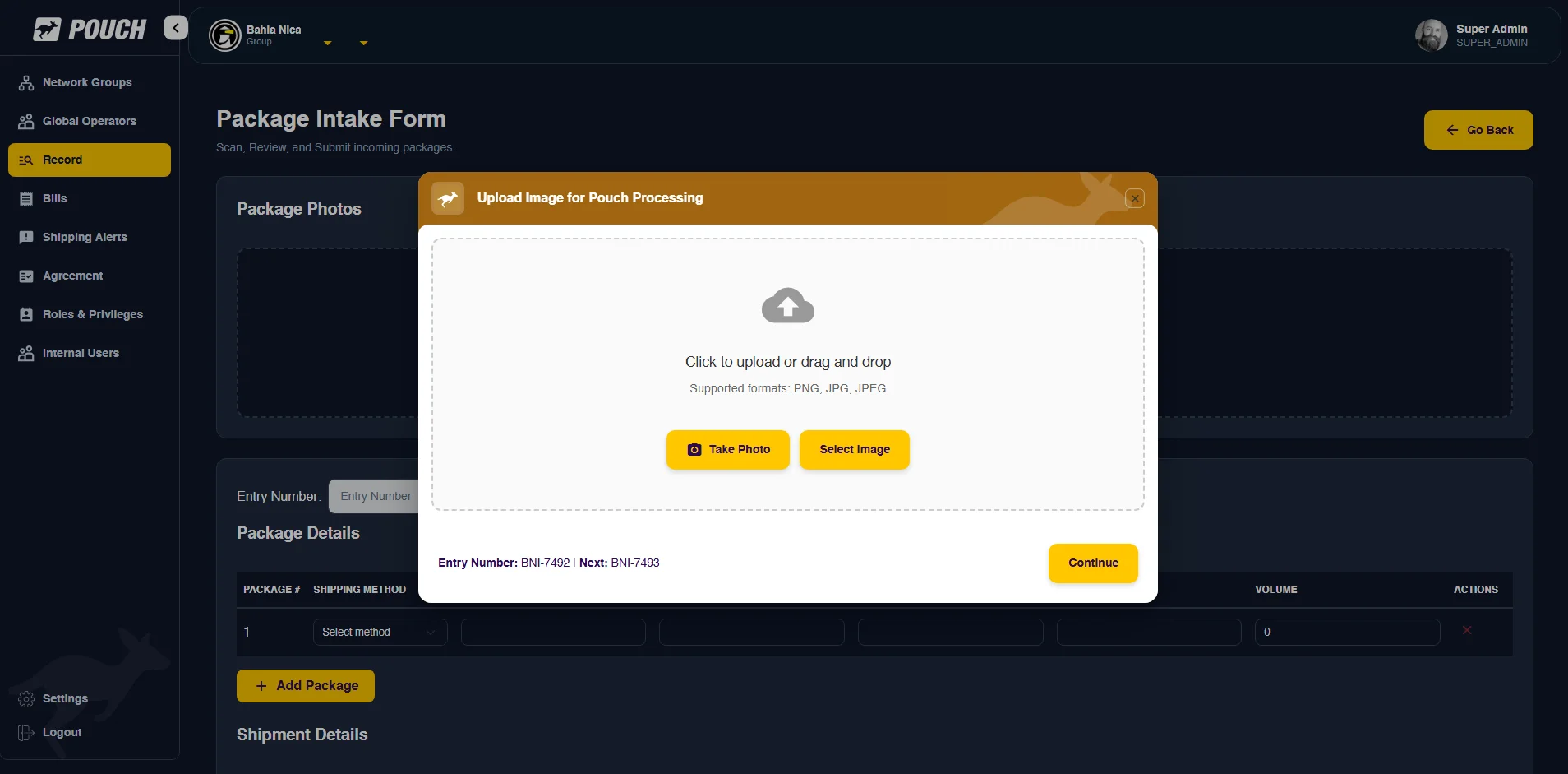 Pouch — package intake form with photo upload