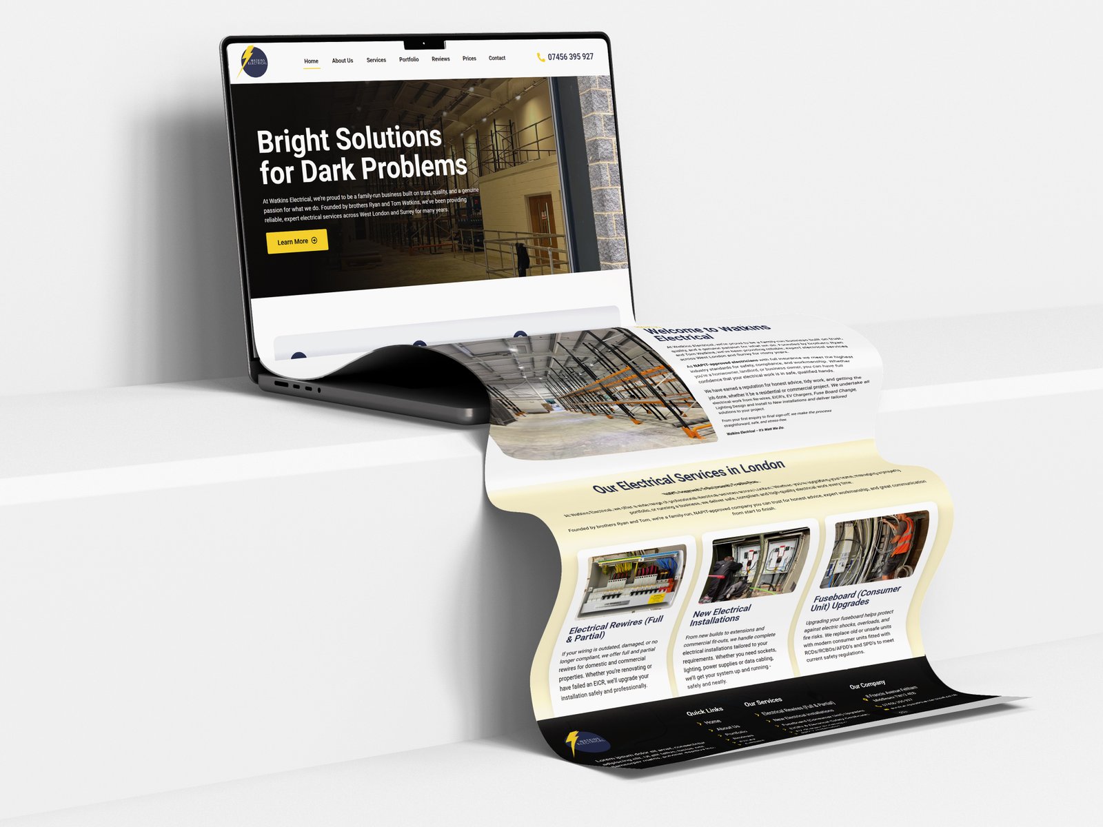 Watkins Electrical website mockup — dark hero with warehouse photography and services grid for a UK electrical contractor