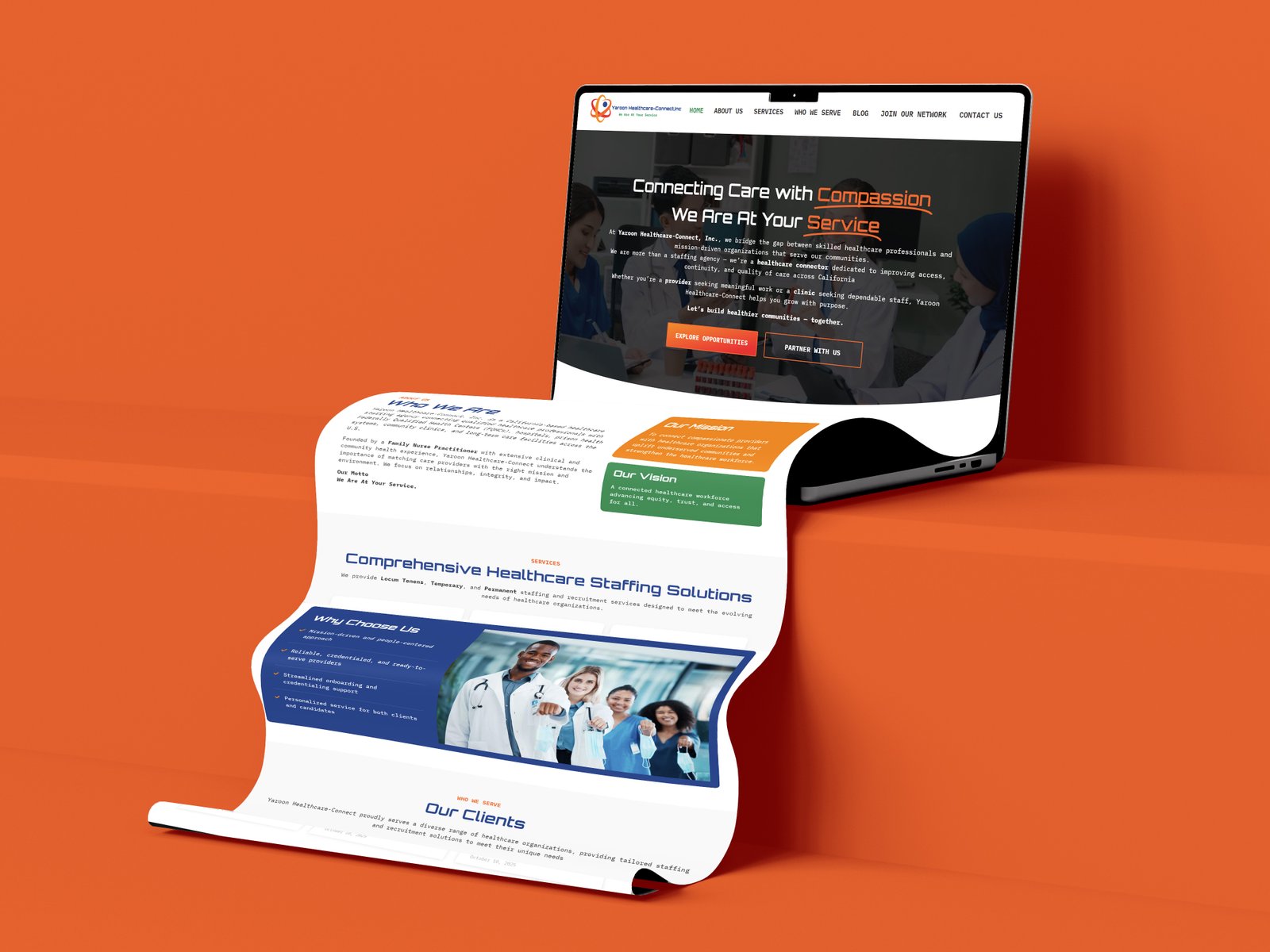 Yaroon Healthcare-Connect website mockup — staffing agency homepage with mission and vision sections
